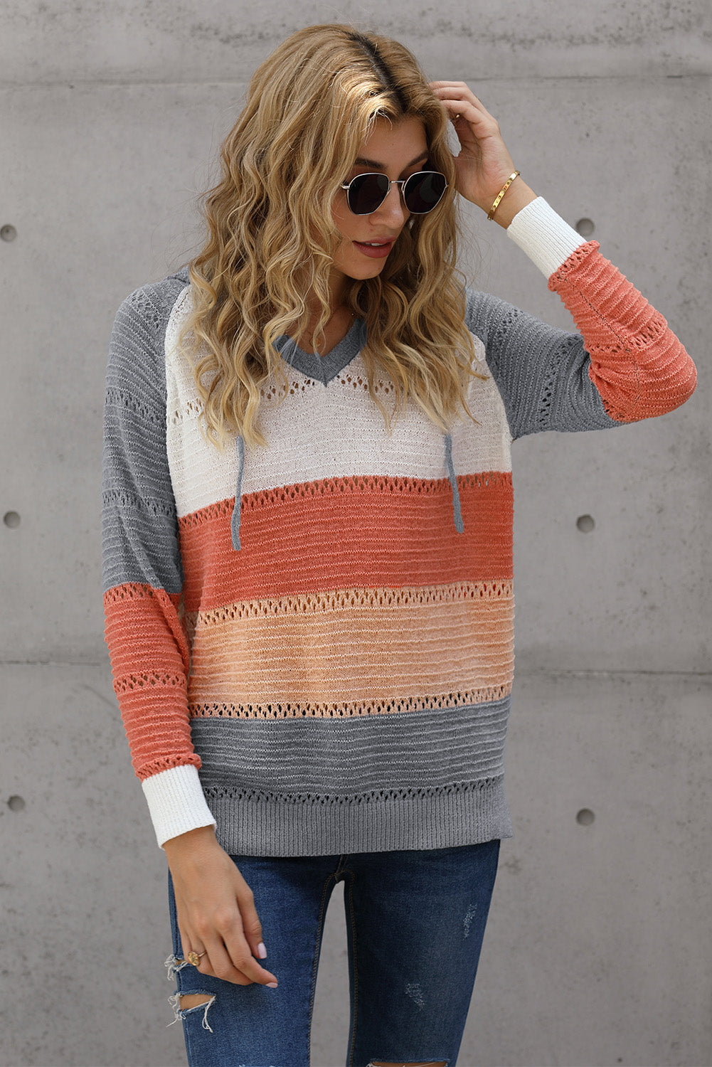 Full Size Color Block Knitted Hoodie B922C
