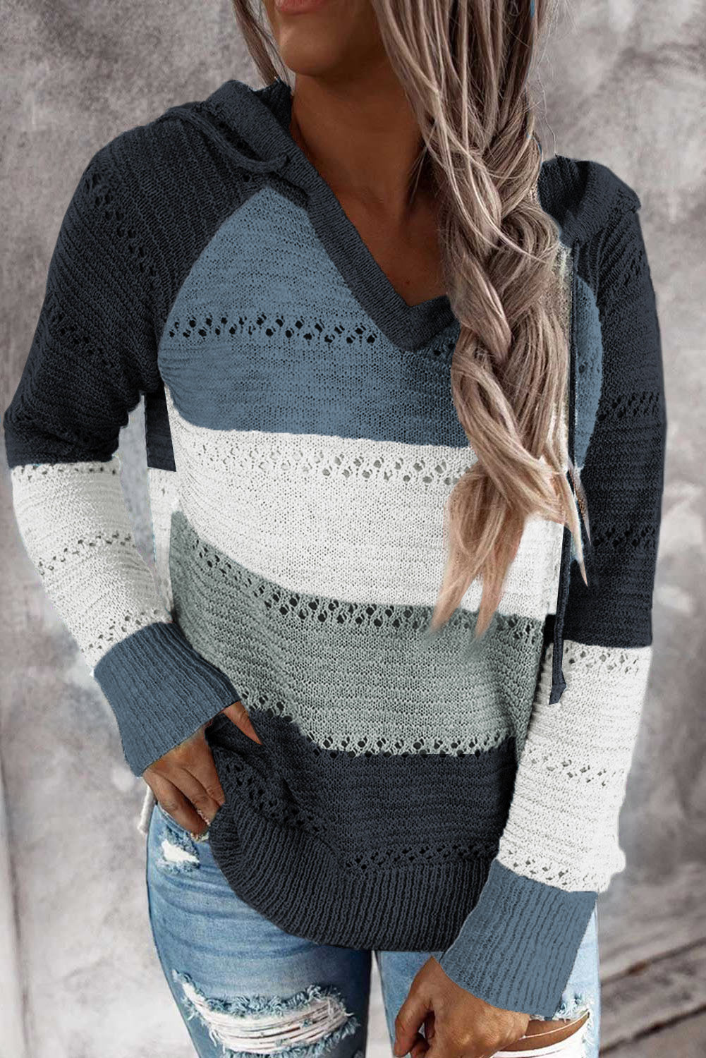 Full Size Color Block Knitted Hoodie B922C