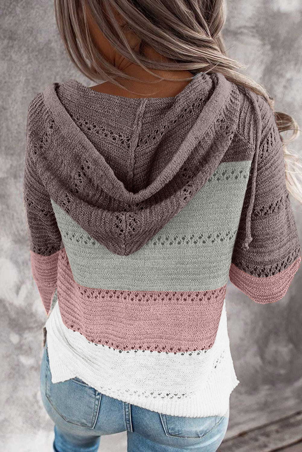 Full Size Color Block Knitted Hoodie B922C