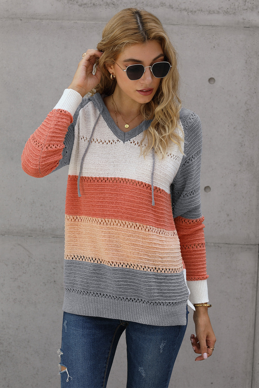 Full Size Color Block Knitted Hoodie B922C