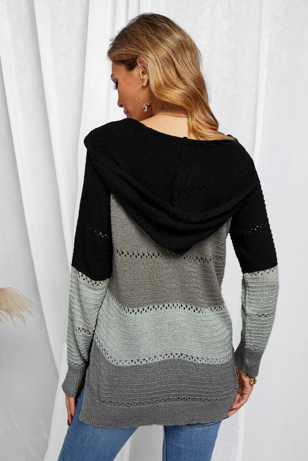 Full Size Color Block Knitted Hoodie B922C