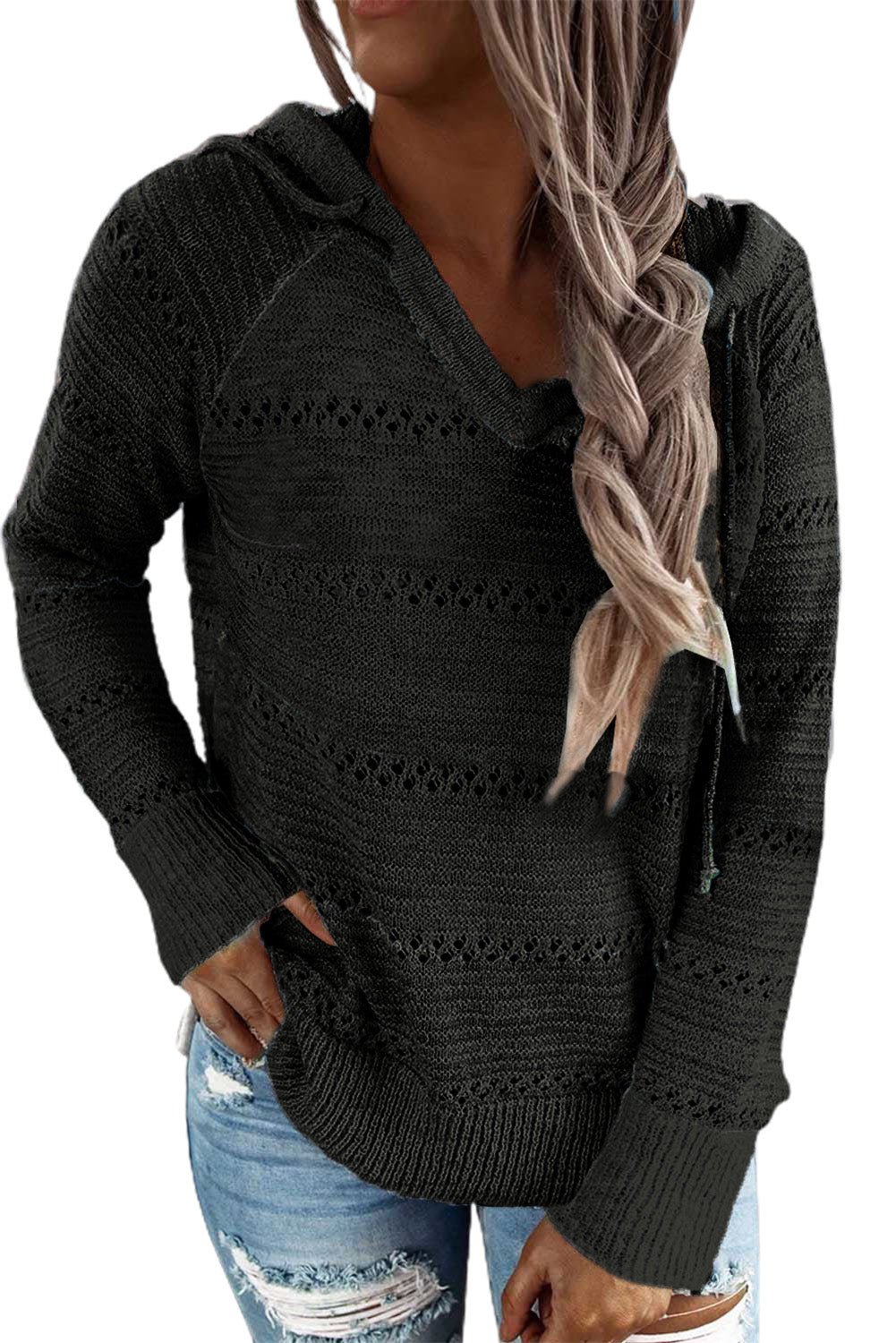 Full Size Color Block Knitted Hoodie B922C