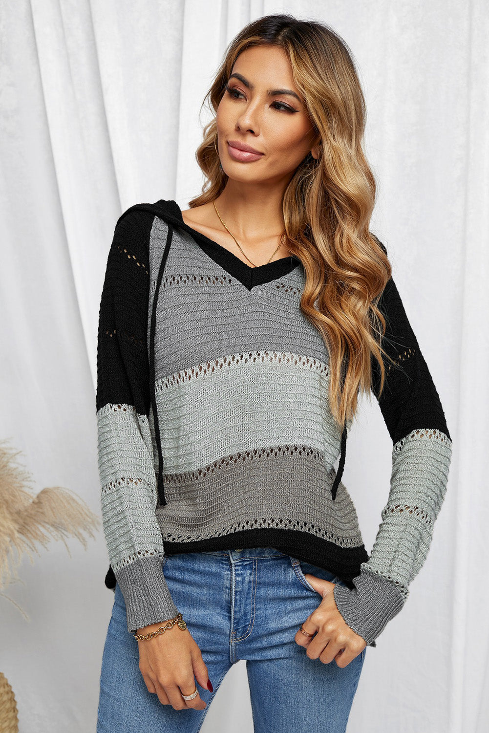 Full Size Color Block Knitted Hoodie B922C