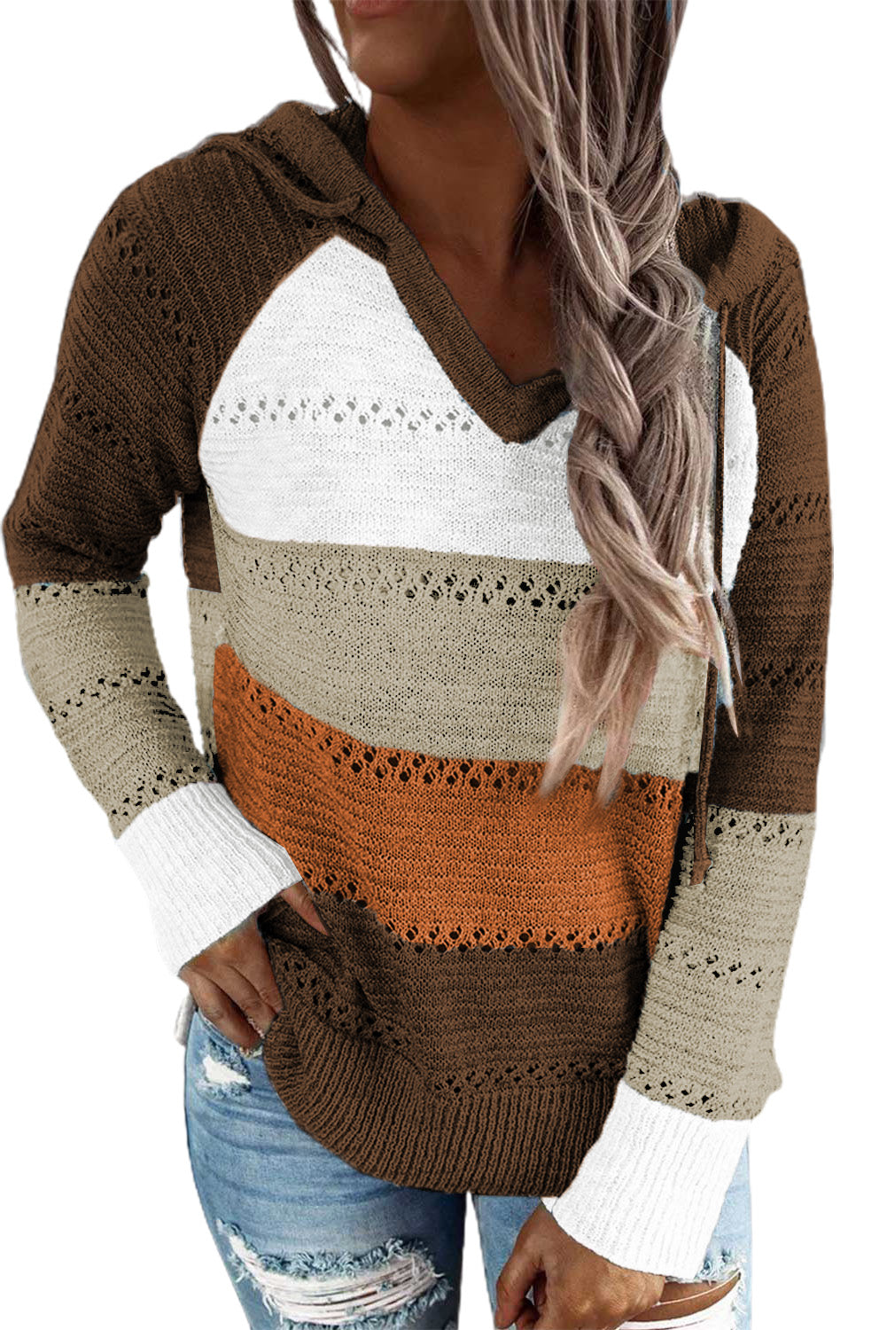 Full Size Color Block Knitted Hoodie B922C