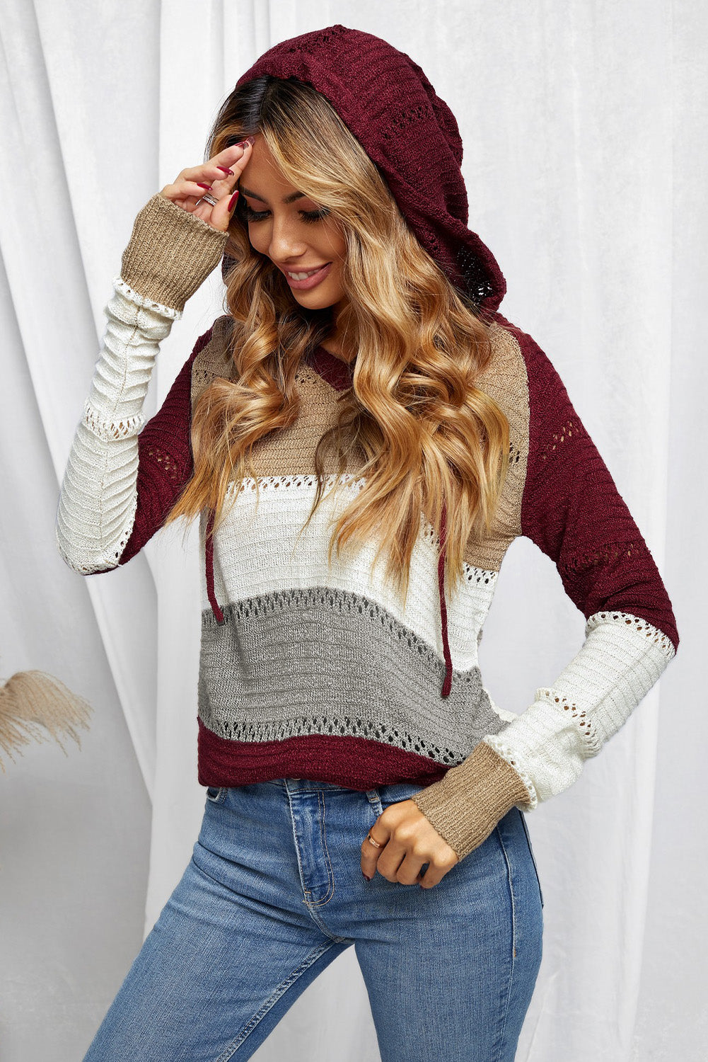 Full Size Color Block Knitted Hoodie B922C