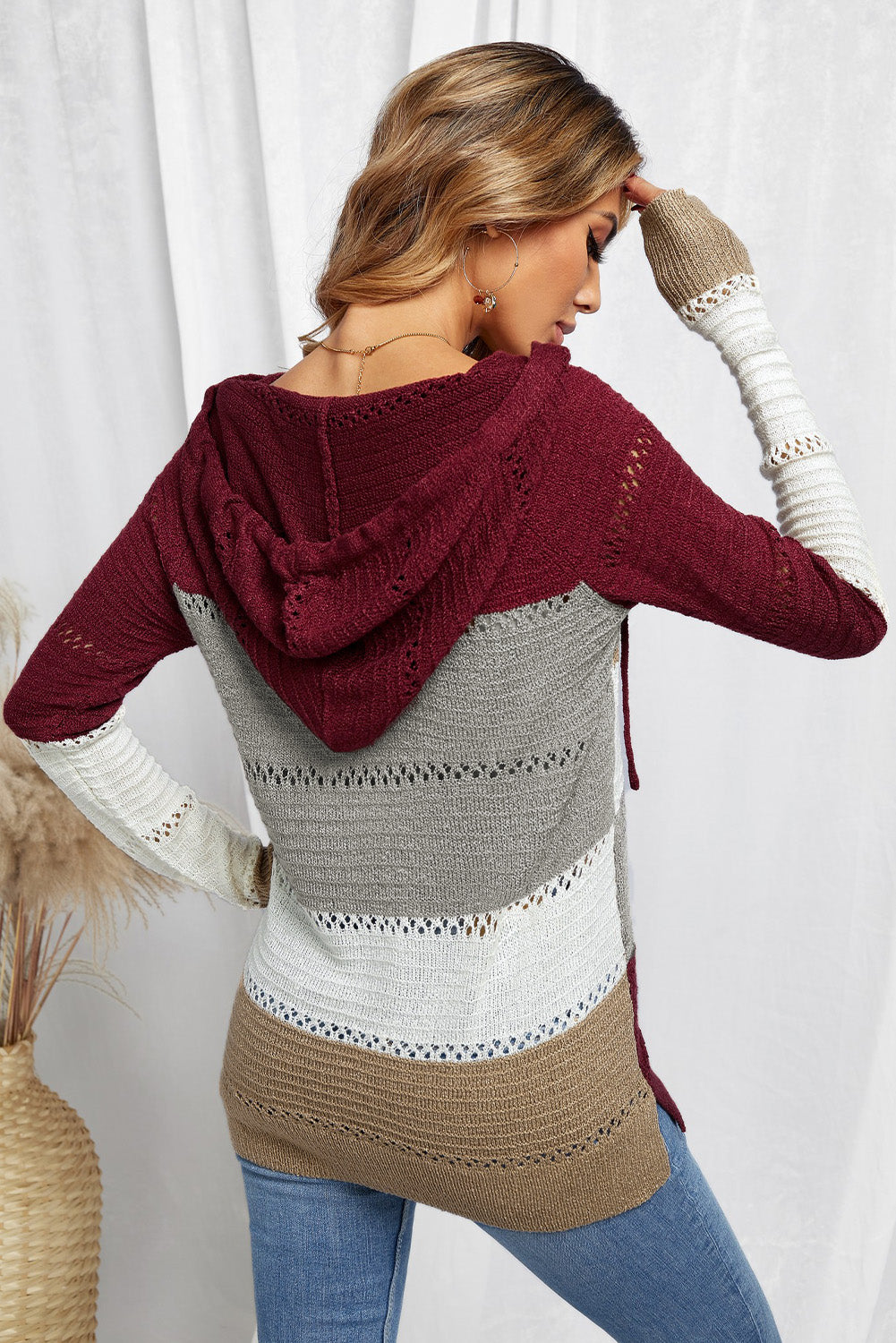 Full Size Color Block Knitted Hoodie B922C