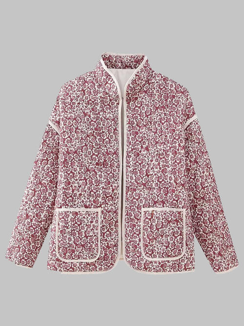 Floral Open Front Puffer Jacket with Pockets