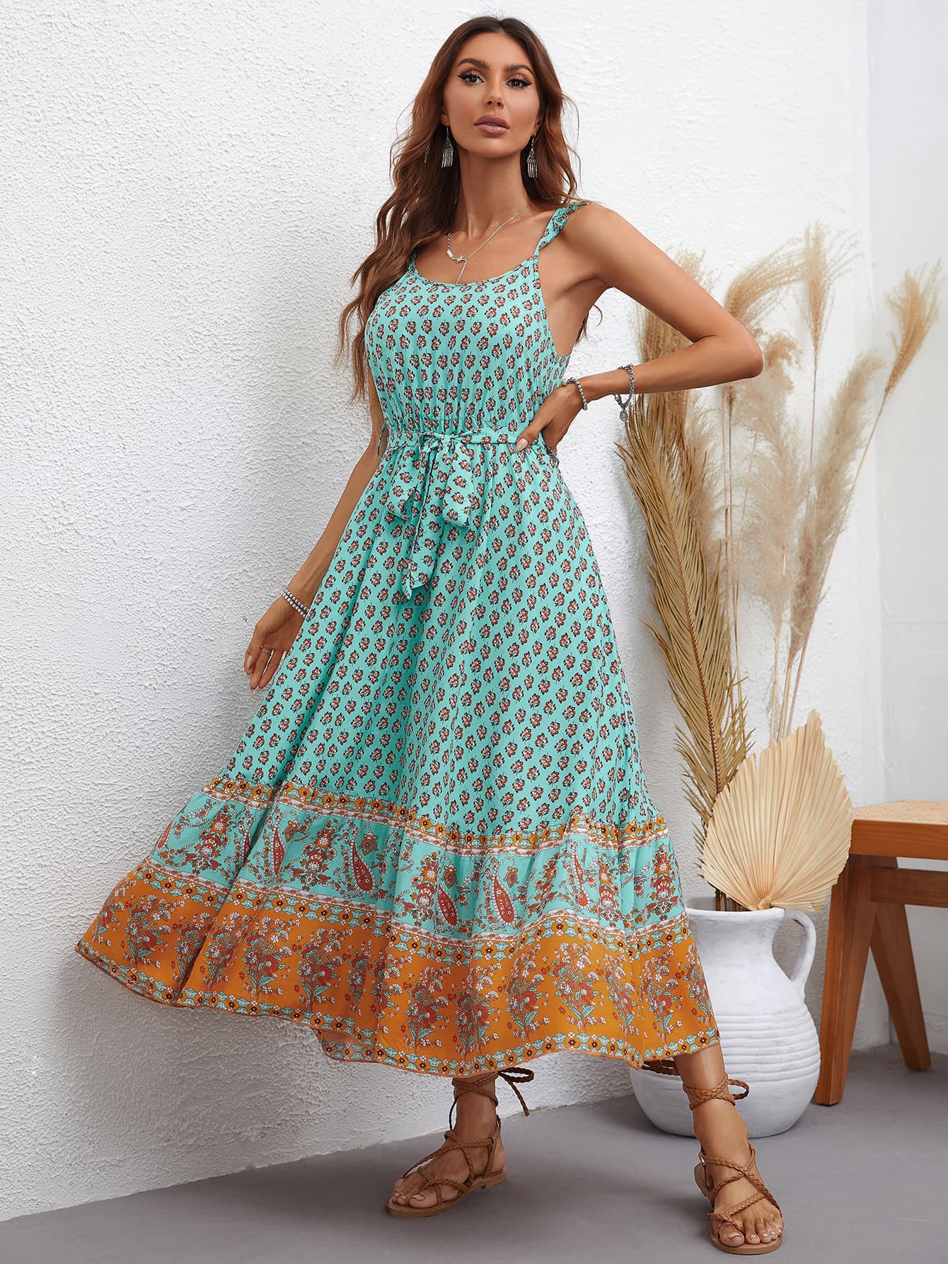 Bohemian Tie Waist Scoop Neck Dress