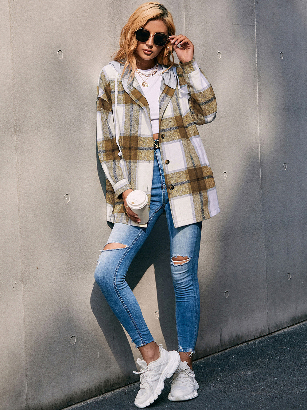 Plaid Dropped Shoulder Hooded Jacket B111A