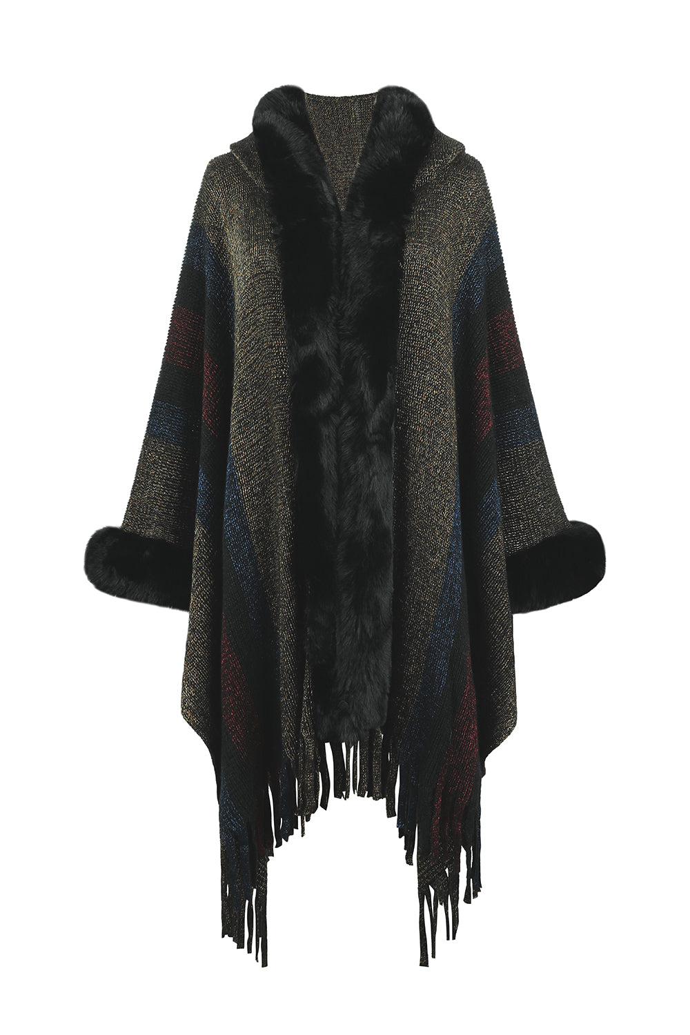 Color Block Fringe Detail Poncho B111C