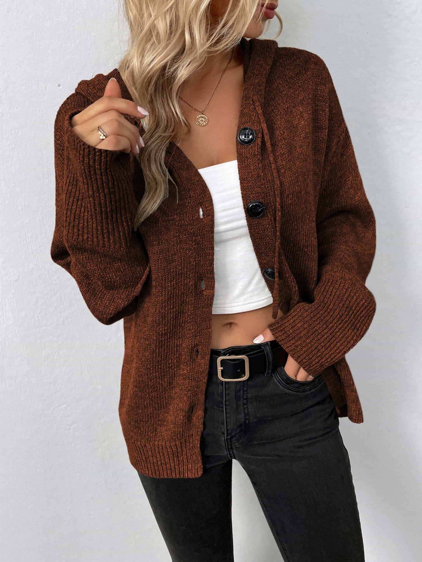 Button-Down Long Sleeve Hooded Sweater B922