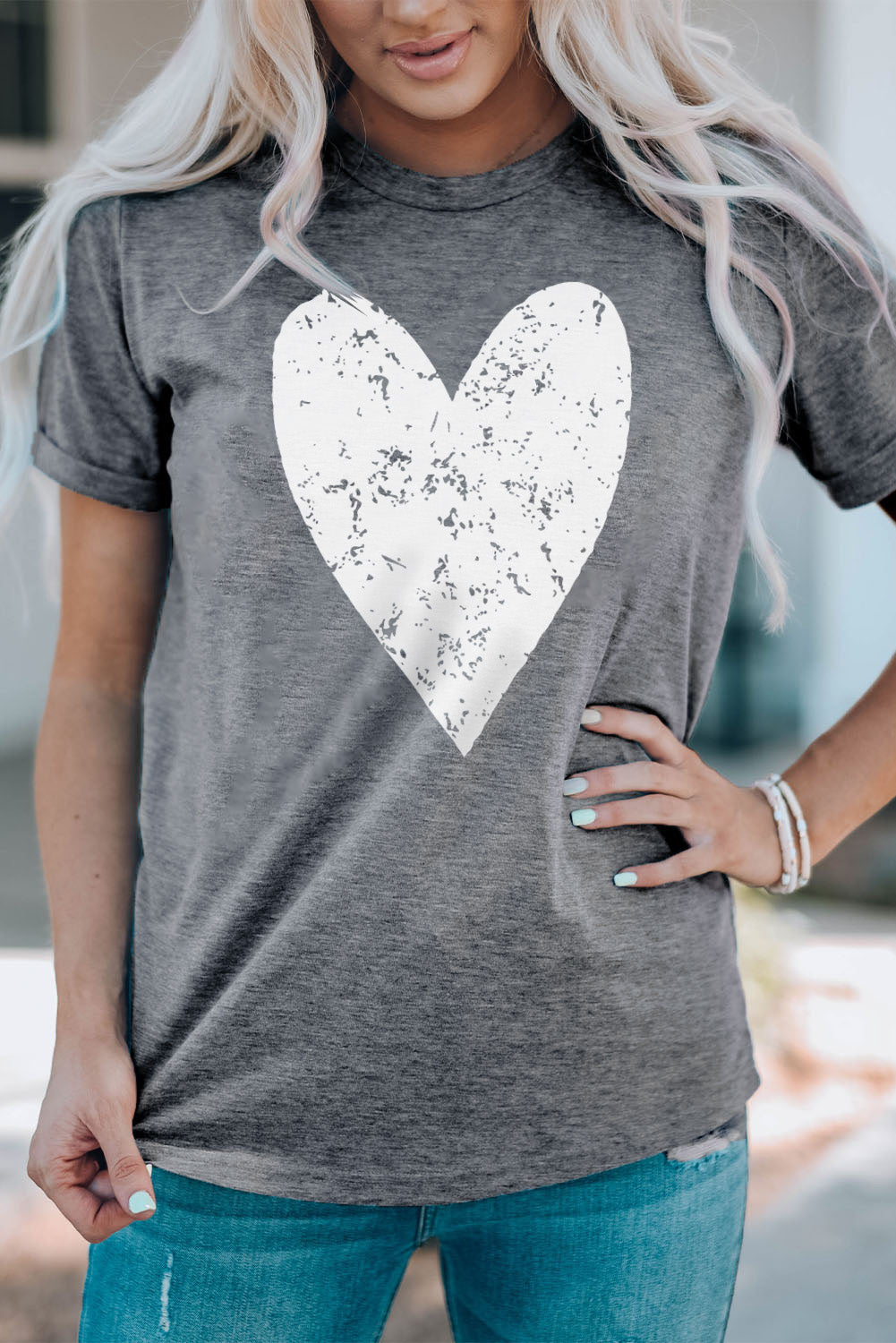 Heart Graphic Cuffed Short Sleeve Tee