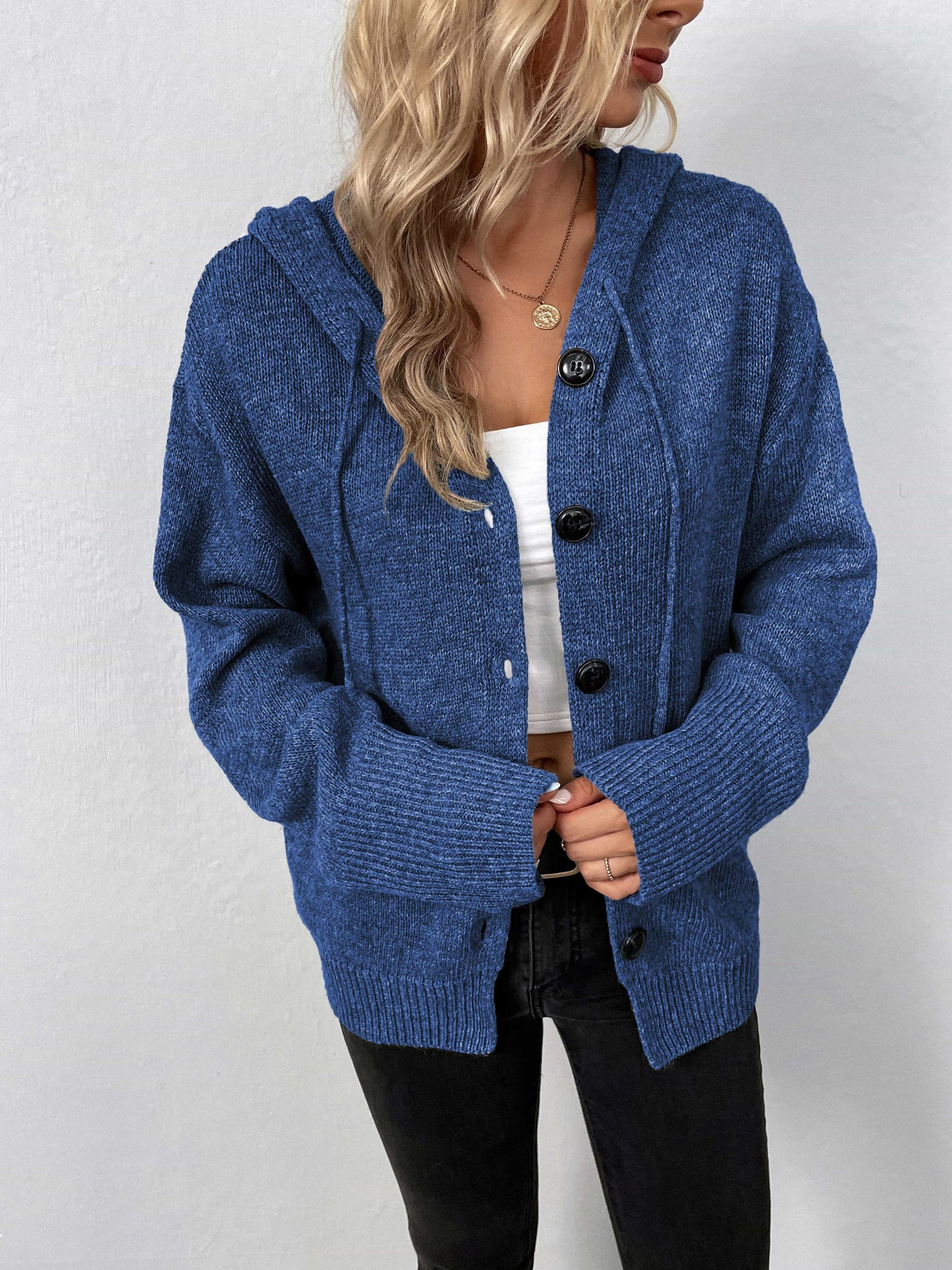 Button-Down Long Sleeve Hooded Sweater B922