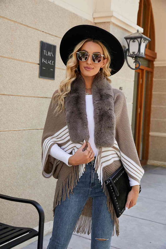 Striped Fringe Detail Long Sleeve Poncho B111D