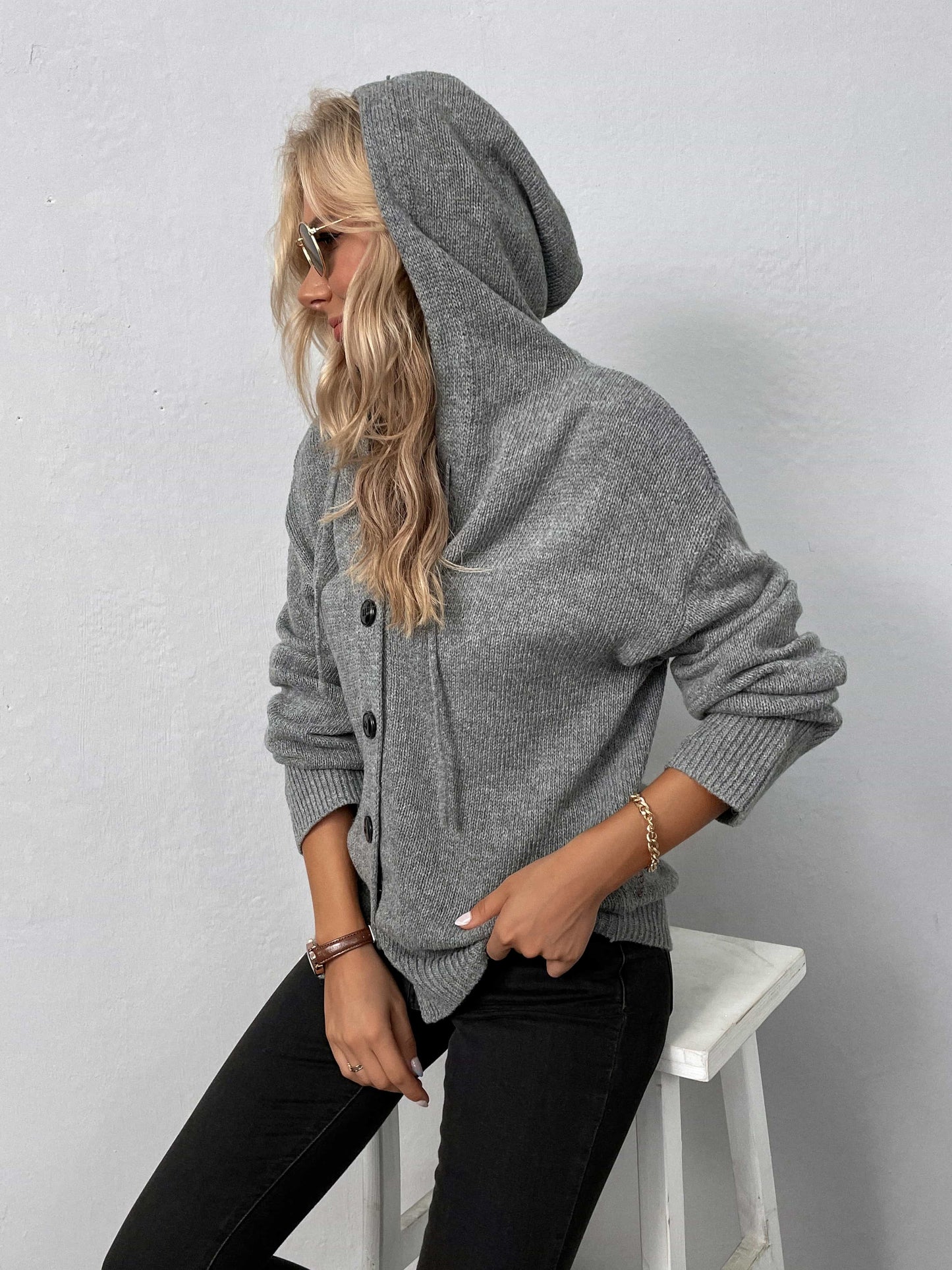 Button-Down Long Sleeve Hooded Sweater B922