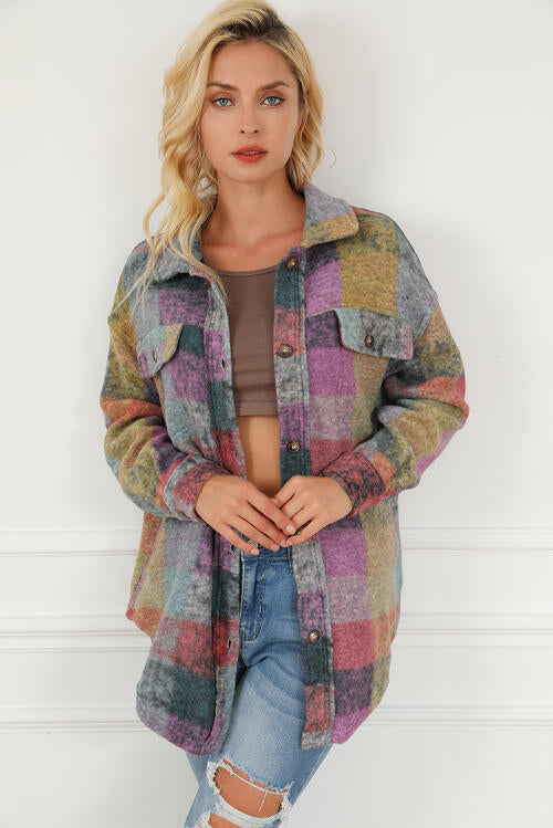 Plaid Collared Neck Button Front Jacket B1107A