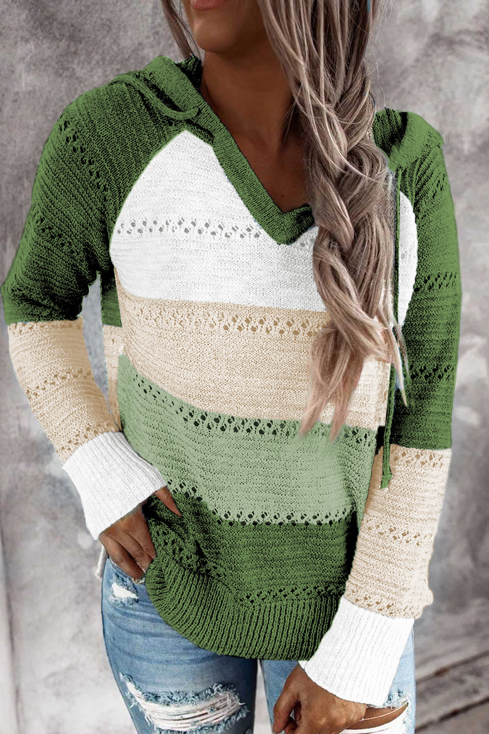 Full Size Color Block Knitted Hoodie B922C
