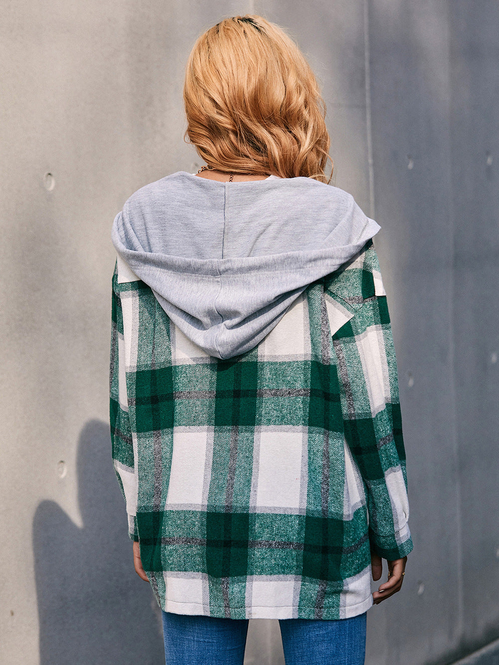 Plaid Dropped Shoulder Hooded Jacket B111A