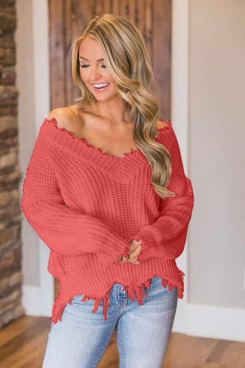 Frayed Hem Dropped Shoulder Sweater