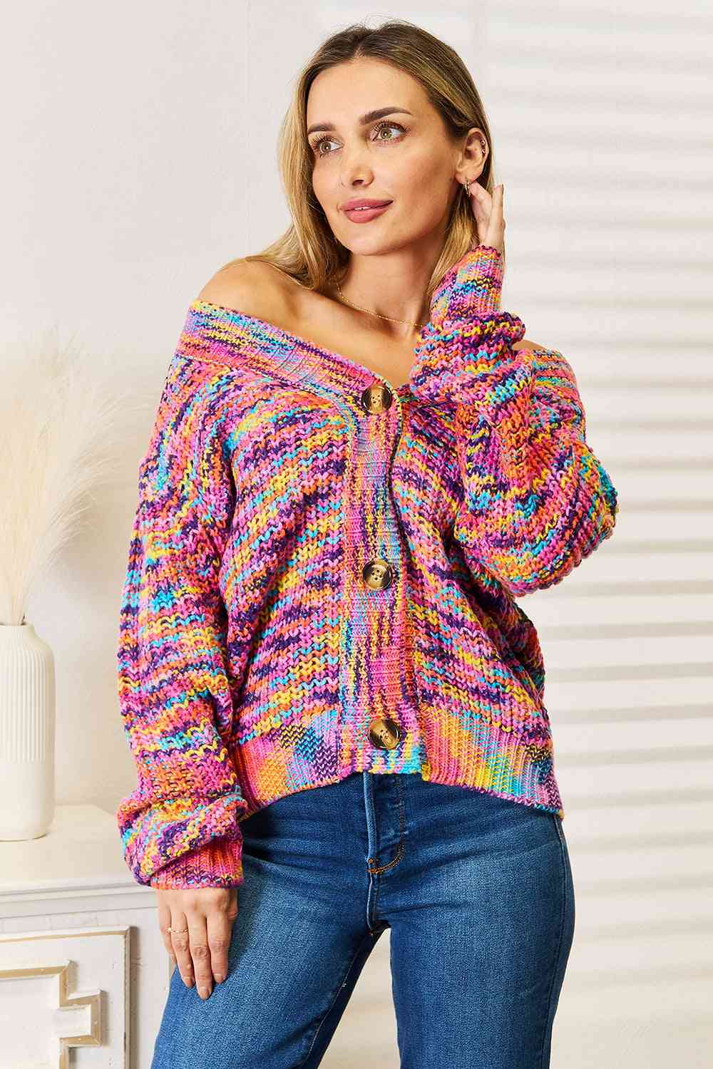 Woven Right V-Neck Long Sleeve Cardigan B111