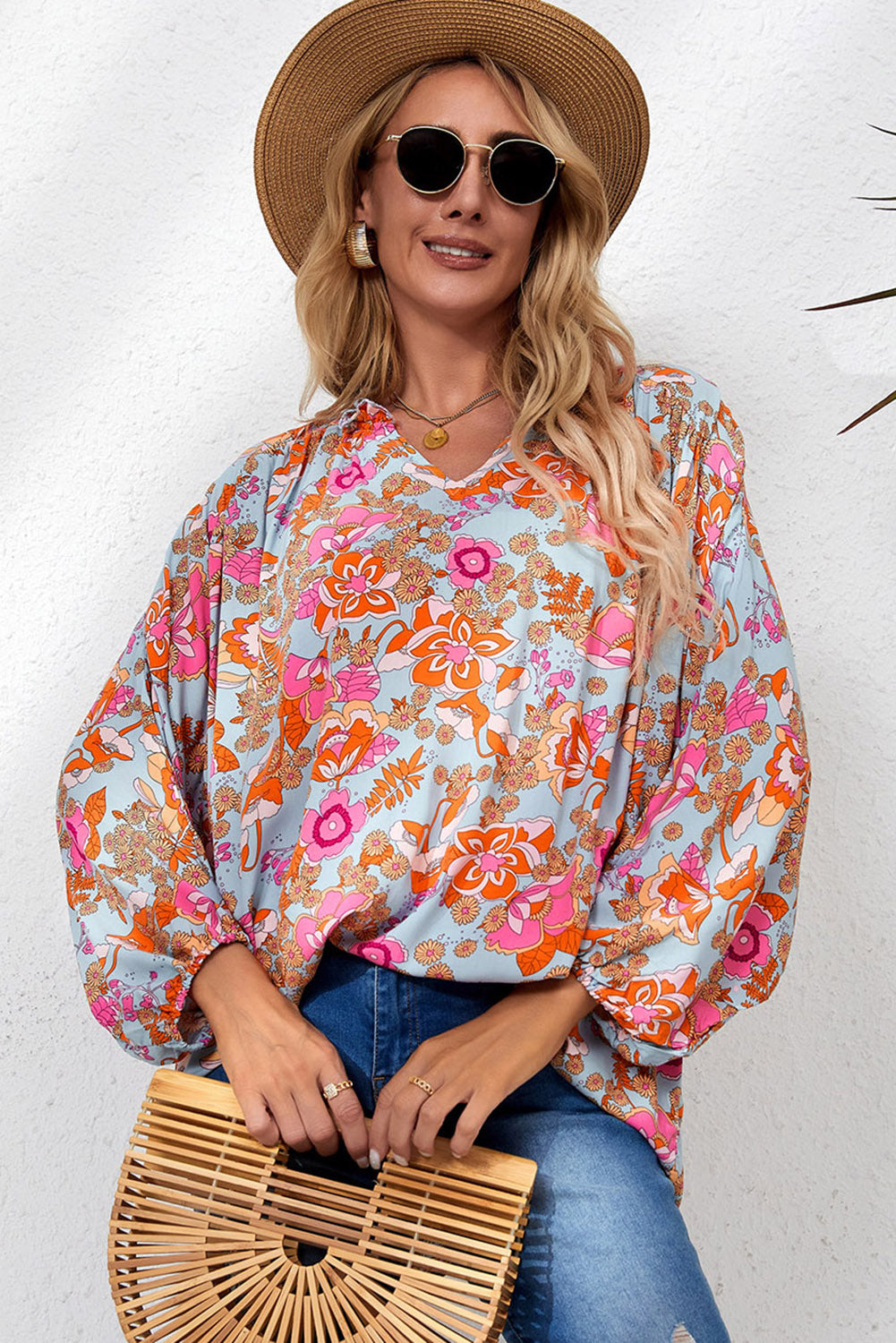 Floral Frill Trim Balloon Sleeve Blouse