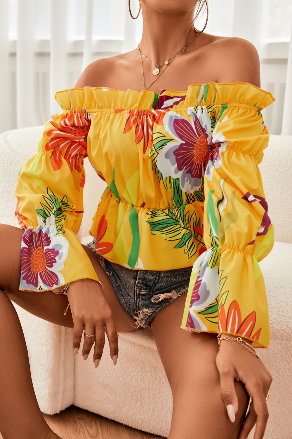 Floral Off-Shoulder Flounce Sleeve Peplum Blouse B109