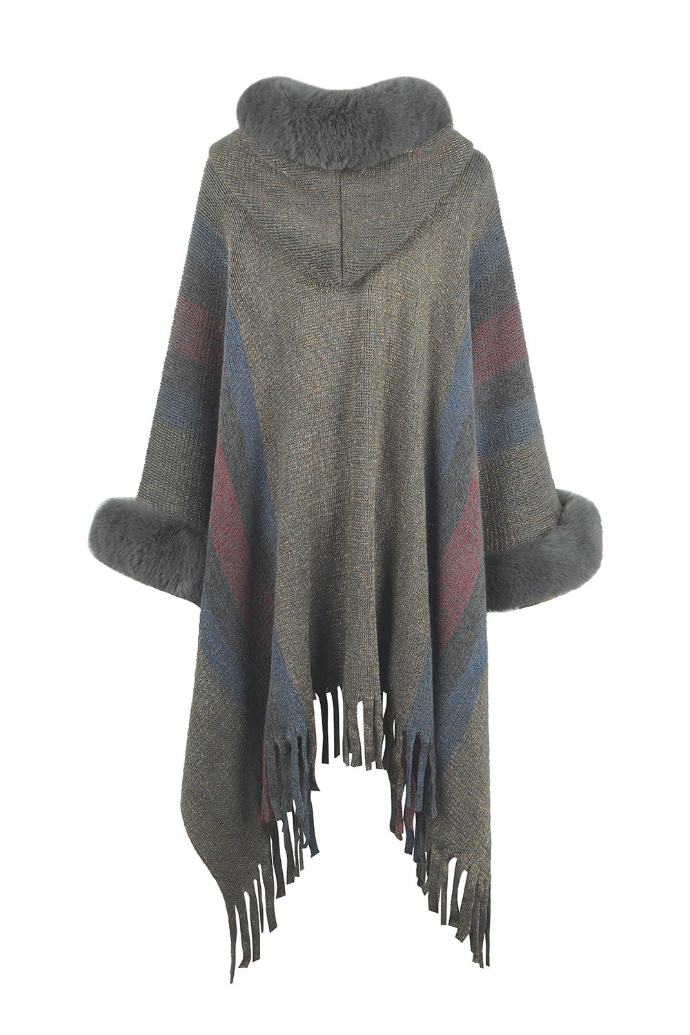 Color Block Fringe Detail Poncho B111C