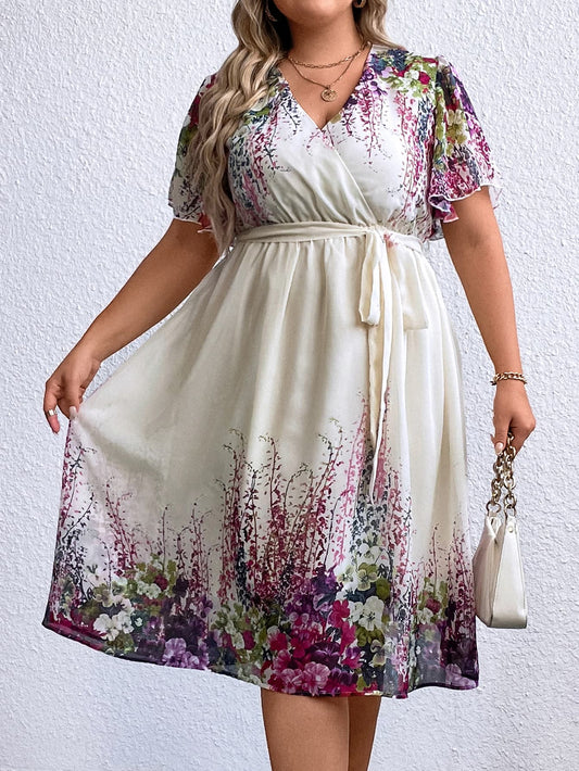 Plus Size Floral Tie Waist Surplice Neck Dress