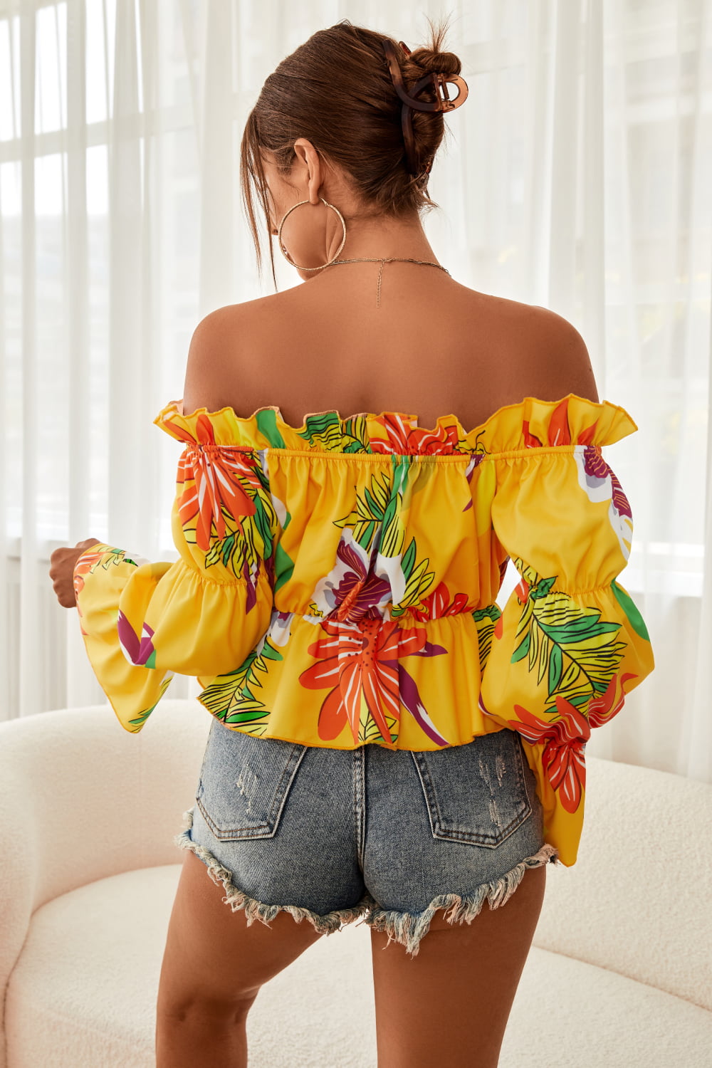 Floral Off-Shoulder Flounce Sleeve Peplum Blouse B109