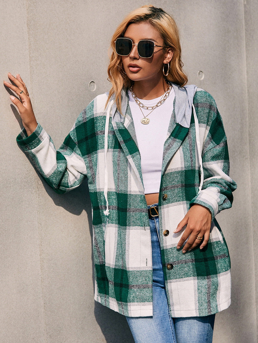 Plaid Dropped Shoulder Hooded Jacket B111A