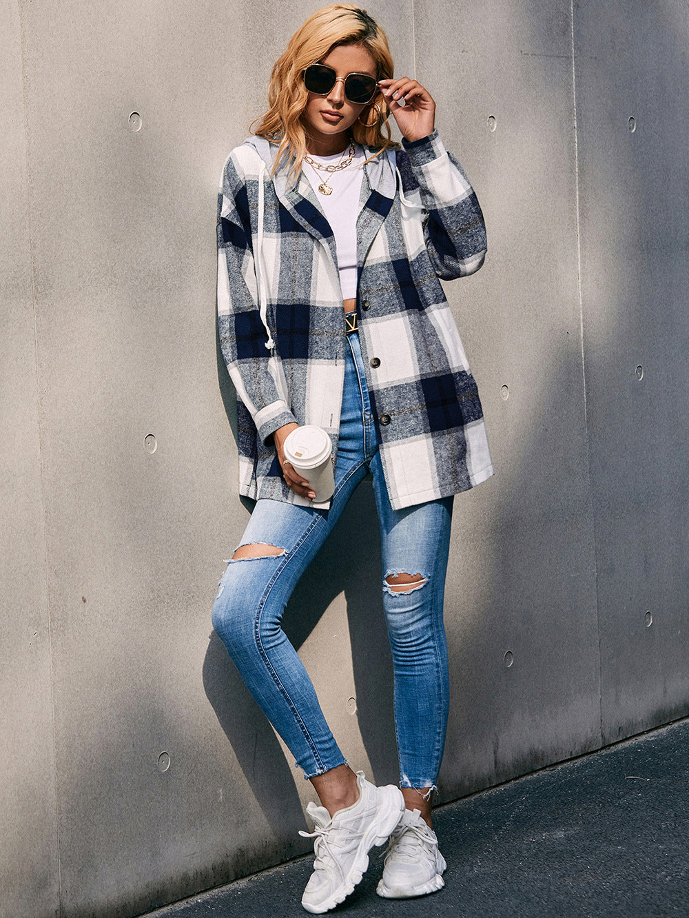 Plaid Dropped Shoulder Hooded Jacket B111A