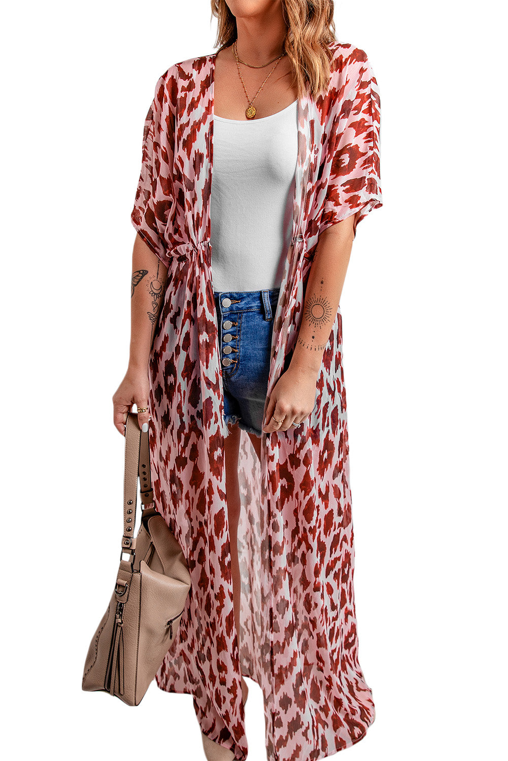 Animal Print Half Sleeve Duster Cardigan B107