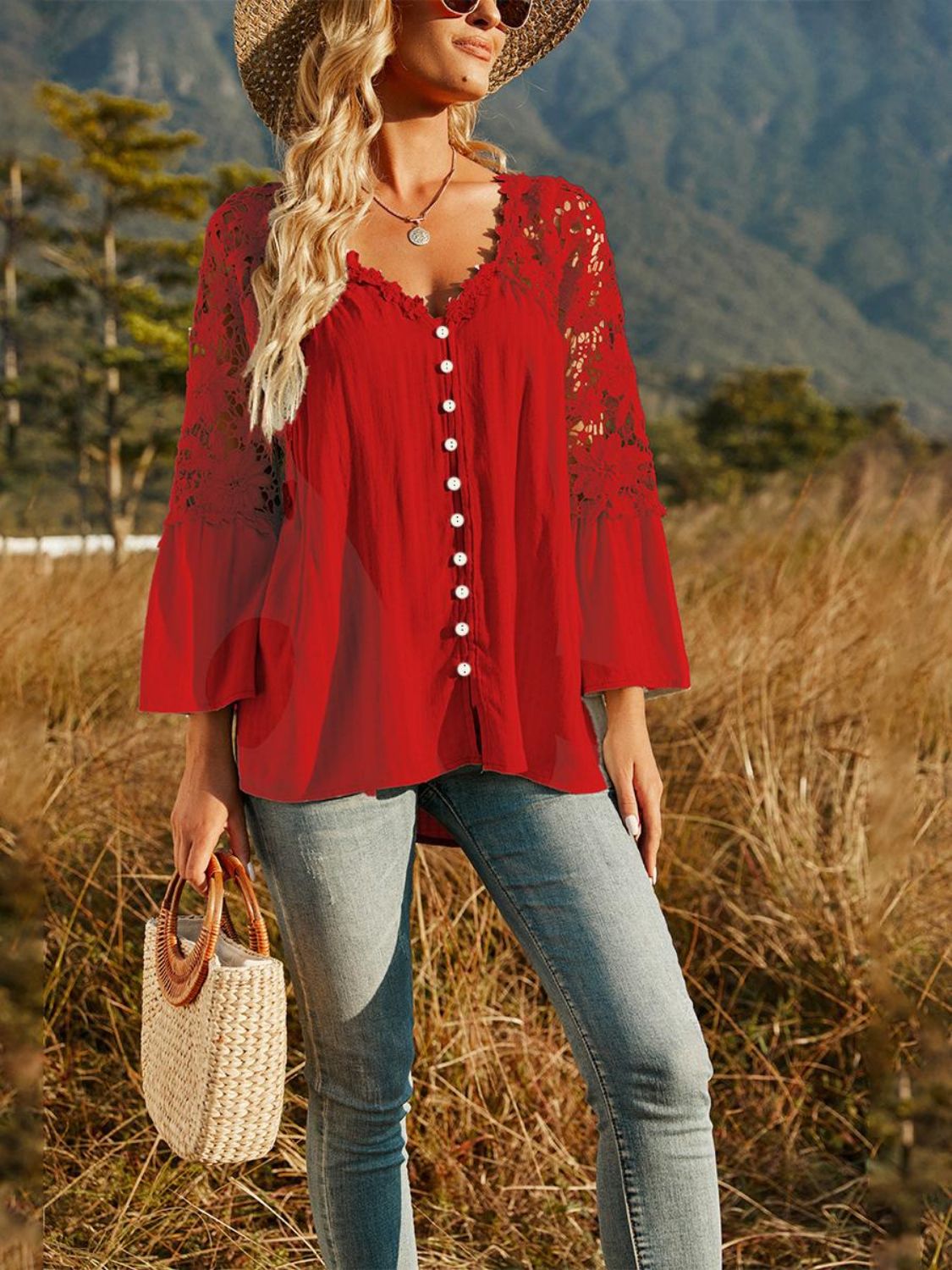 Spliced Lace Buttoned Blouse B115