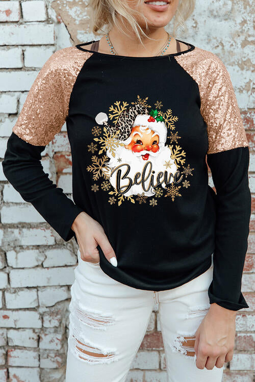 BELIEVE Sequin Long Sleeve Round Neck Blouse