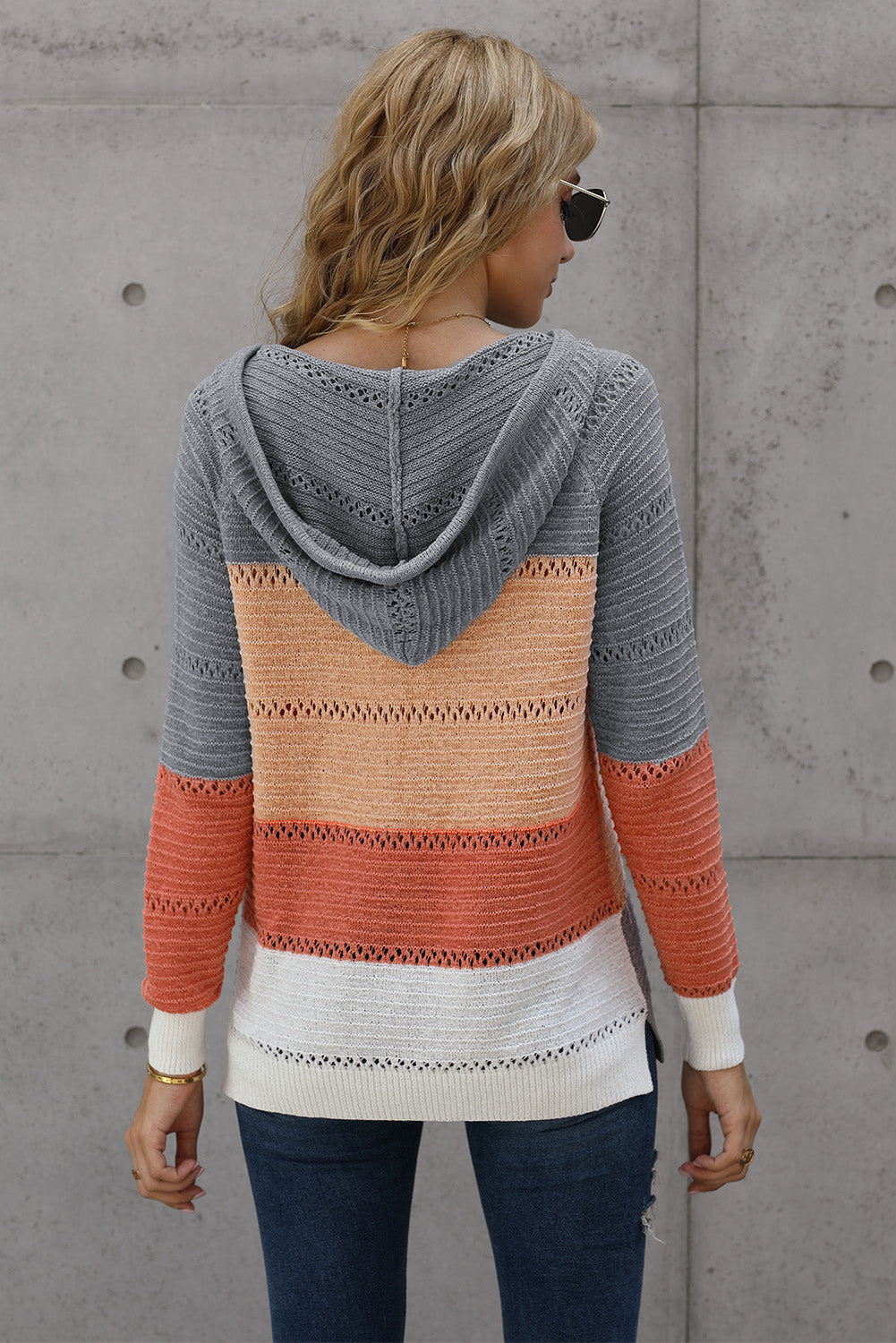 Full Size Color Block Knitted Hoodie B922C