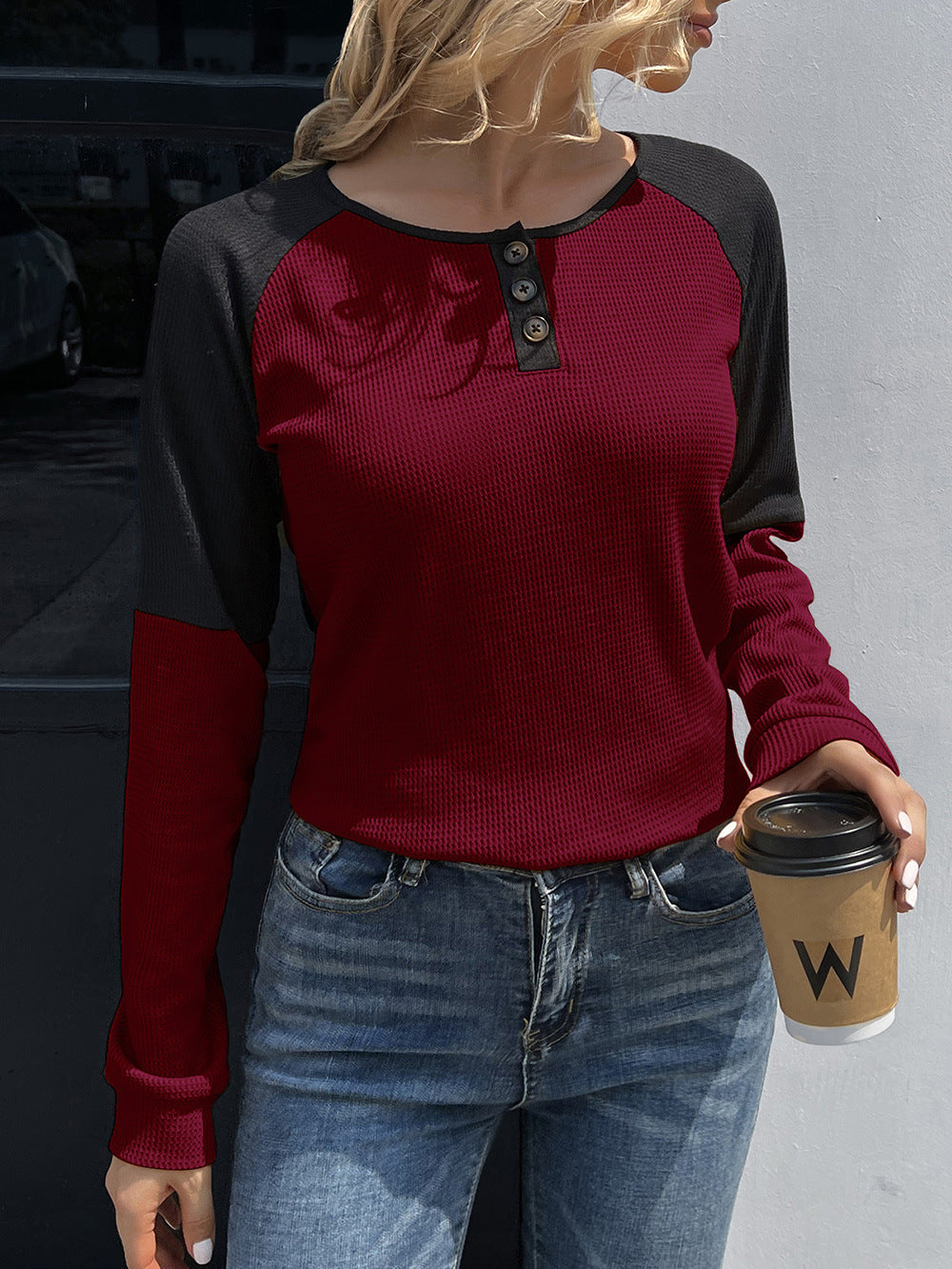 Contrast Buttoned Round Neck Raglan Sleeve Top B8142