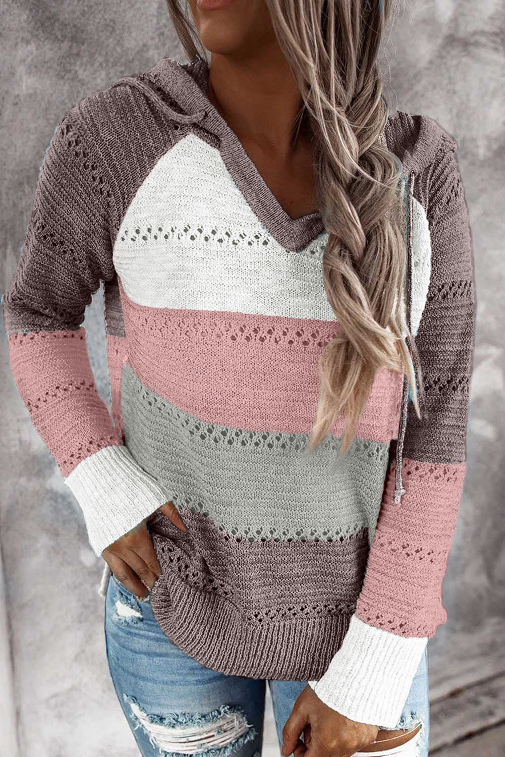 Full Size Color Block Knitted Hoodie B922C