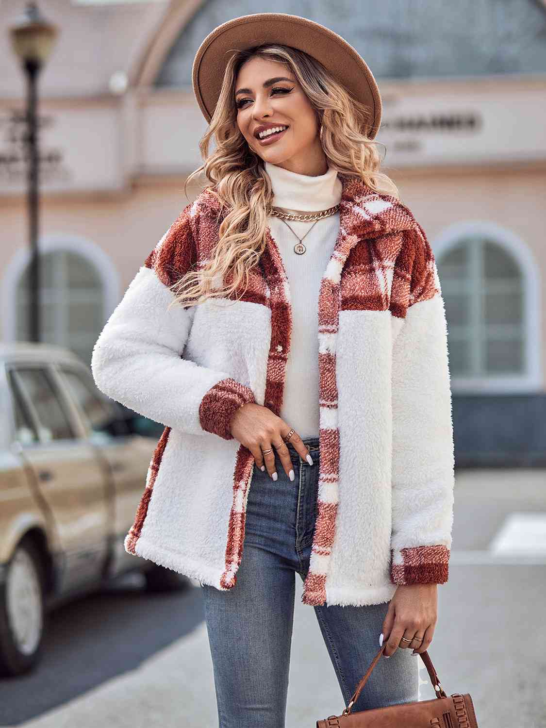 Plaid Dropped Shoulder Teddy Jacket