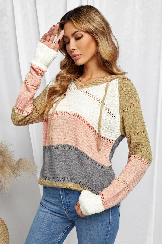 Full Size Color Block Knitted Hoodie B922C