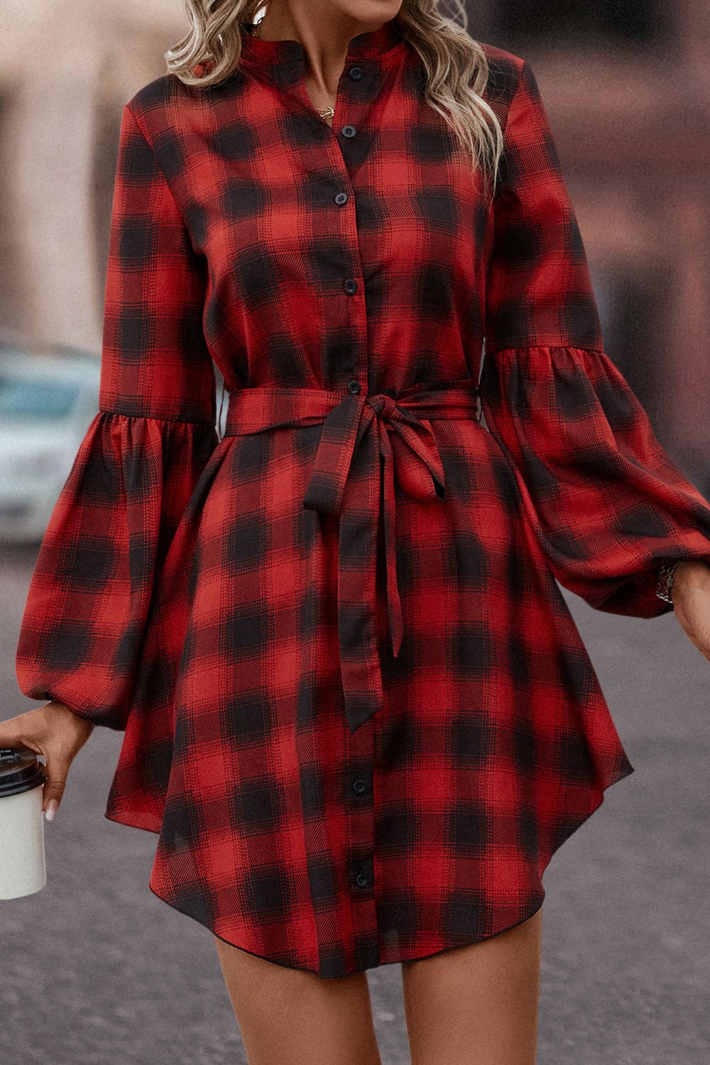 Plaid Tie Waist Balloon Sleeve Mini Dress