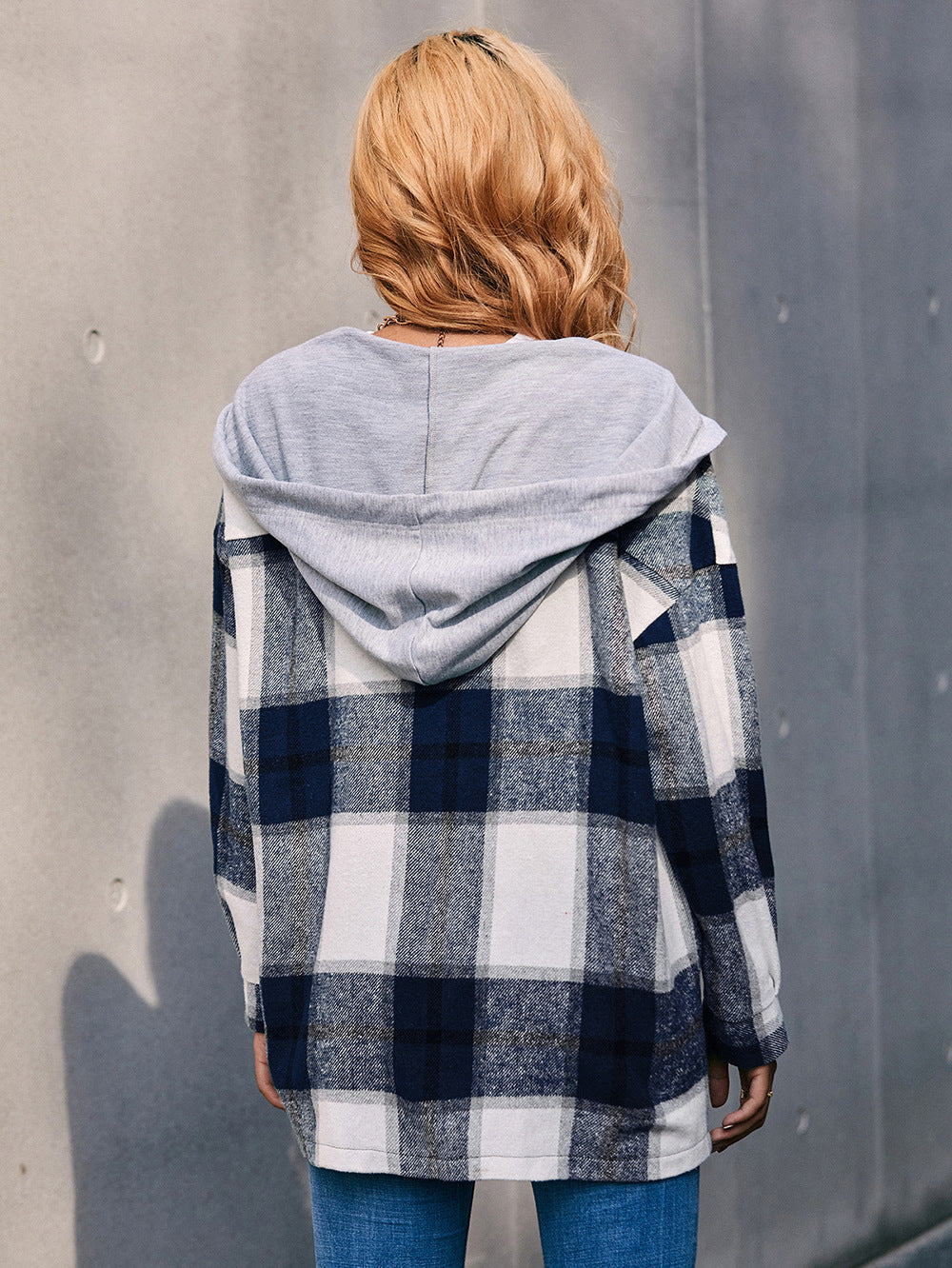 Plaid Dropped Shoulder Hooded Jacket B111A