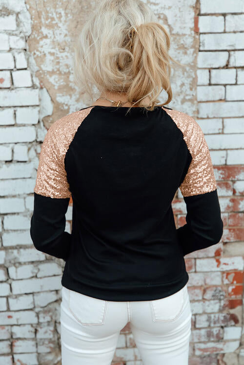 BELIEVE Sequin Long Sleeve Round Neck Blouse