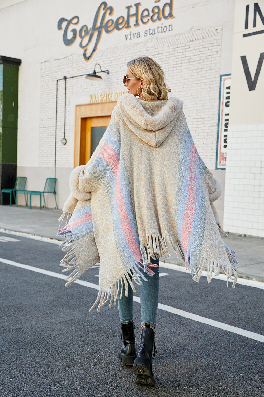 Color Block Fringe Detail Poncho B111C