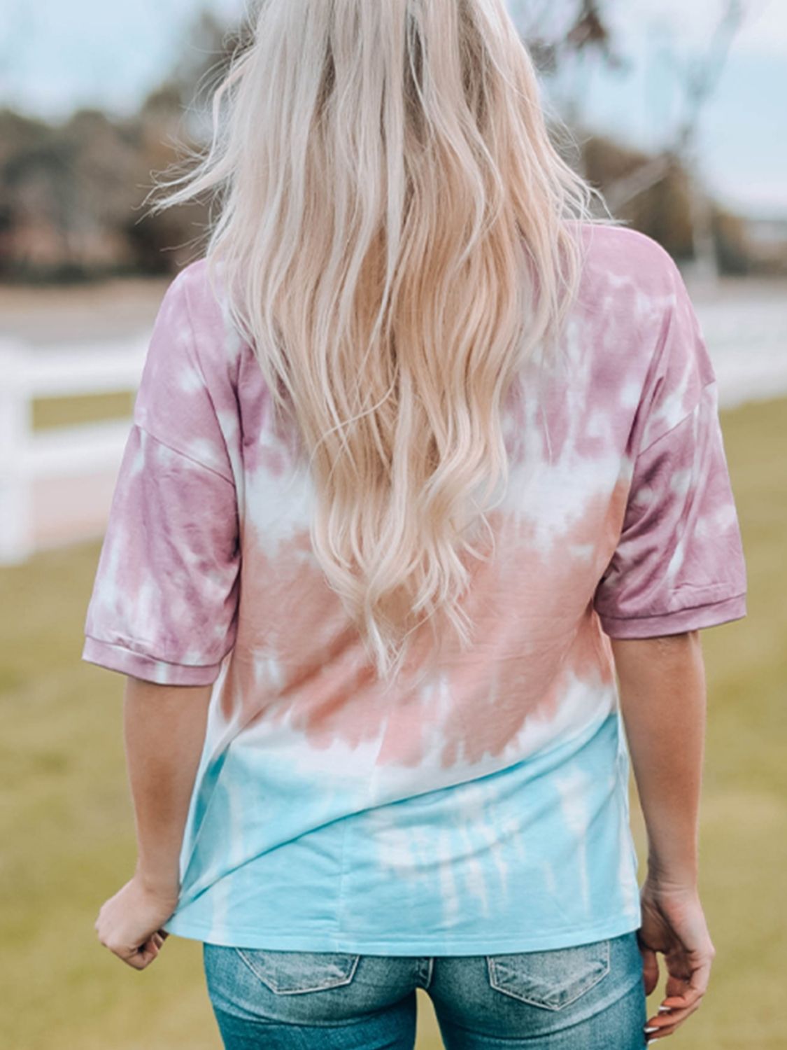 Tie-Dye Lace Trim Round Neck Top