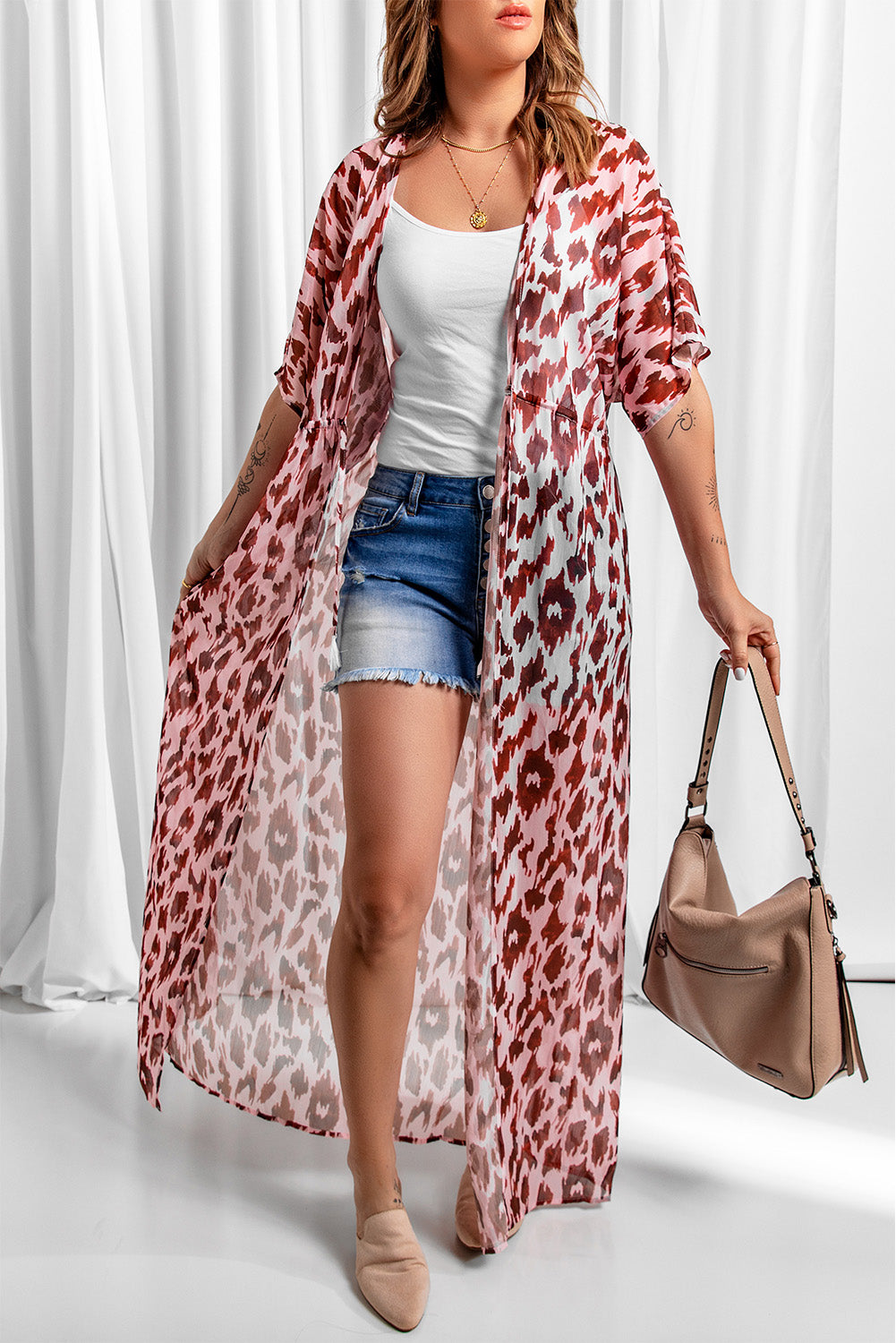 Animal Print Half Sleeve Duster Cardigan B107