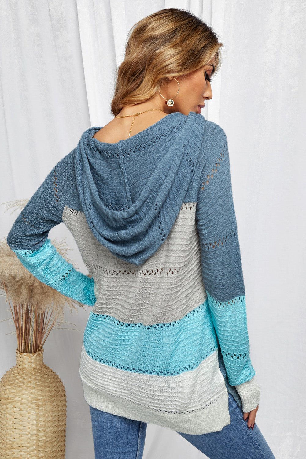 Full Size Color Block Knitted Hoodie B922C