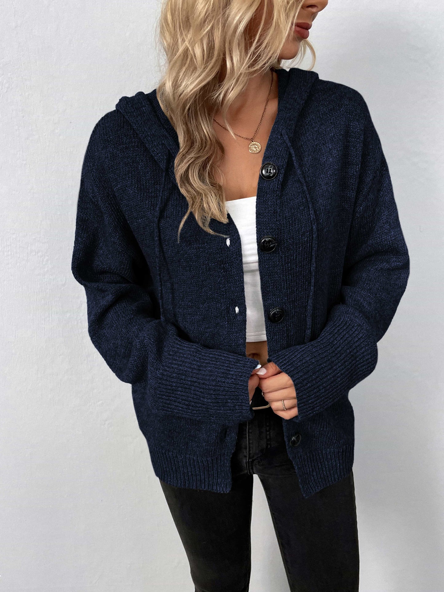 Button-Down Long Sleeve Hooded Sweater B922