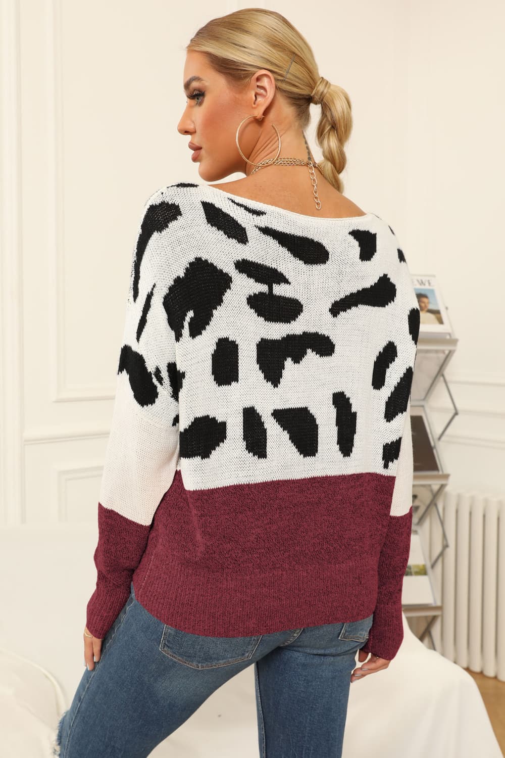 Full Size Two-Tone Boat Neck Sweater B922A