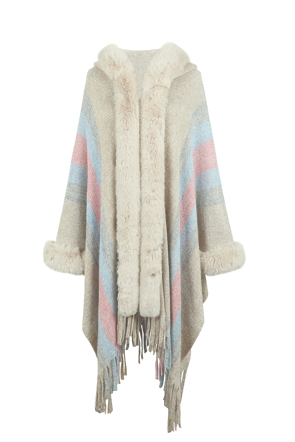 Color Block Fringe Detail Poncho B111C