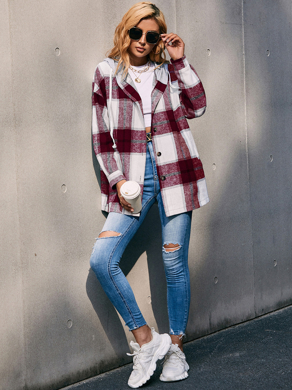 Plaid Dropped Shoulder Hooded Jacket B111A